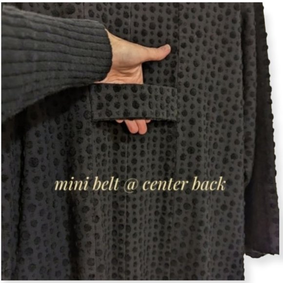 Vtg Blue Fish Black Cotton Chenille Dot Lagenlook Duster Art Patch Longline Coat - Picture 13 of 16